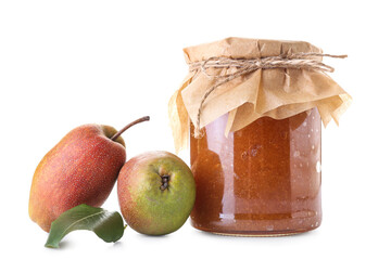 Glass jar of tasty pear jam on white background