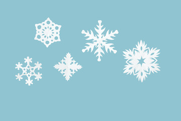 Many different Christmas snowflakes on color background