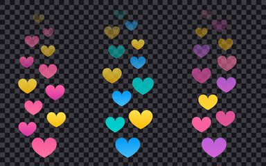 Fototapeta na wymiar Set of colorful flying hearts for live stream on transparent background using trend gradient colors. Social media concept. Vector illustration