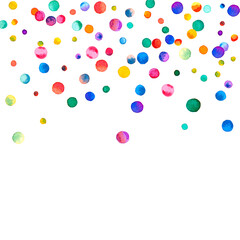 Watercolor confetti on white background. Admirable rainbow colored dots. Happy celebration square colorful bright card. Artistic hand painted confetti.