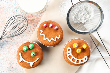Funny cookies with ingredients on grunge background