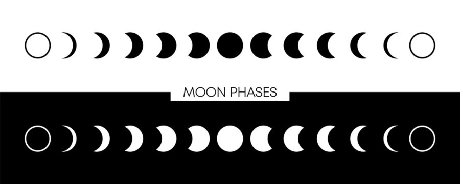 Moon phases astronomy icon collection on white and black background. Vector Illustration.
