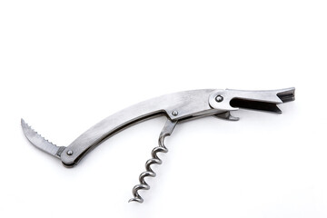 Shiny metallic corkscrew on white background with space for text, minimal concept, wine bottle...