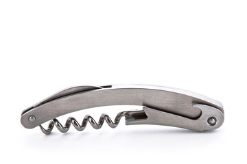 Shiny metallic corkscrew on white background with space for text, minimal concept, wine bottle...
