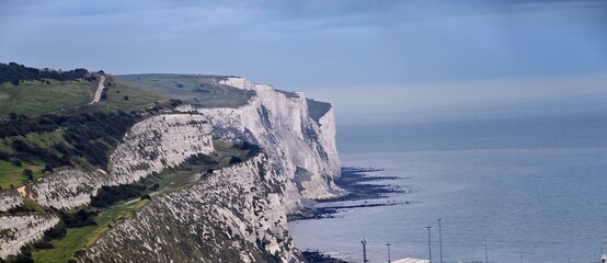 White Cliffs of Dover. Close up detailed landscape view of the cliffs from the walking path by the...