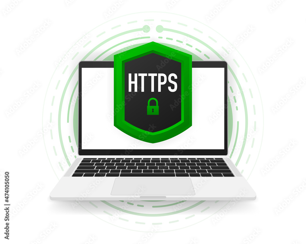 Poster https and http protocols, safe web surfing and data encryption. computer banner vector illustration.