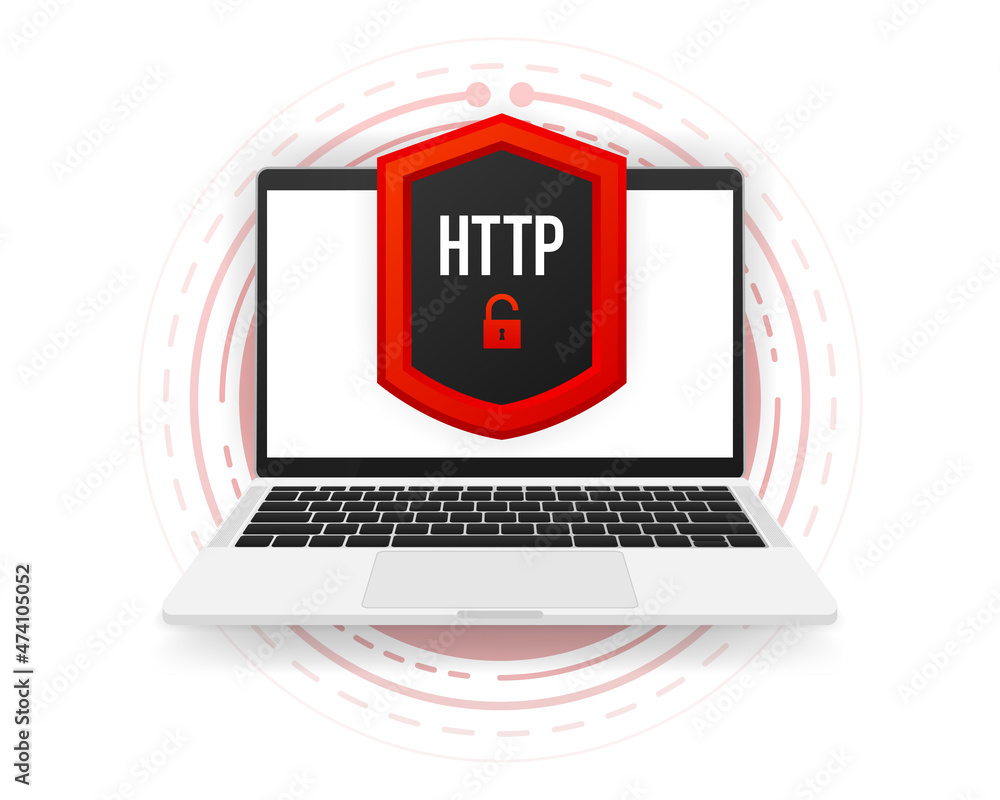 Poster https and http protocols, safe web surfing and data encryption. computer banner vector illustration.