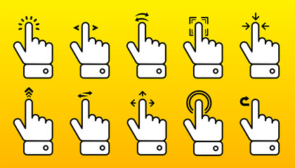 Hand Swipe and Tap icon collection. Up arrow button symbol. Social media scrolling. Vector Illustration.