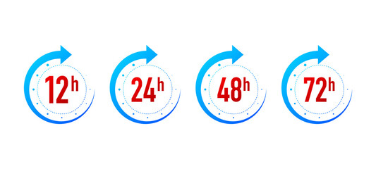 12, 24, 48 and 72 hours clock arrow on white background. Work time effect or delivery service time icons. Vector illustration.