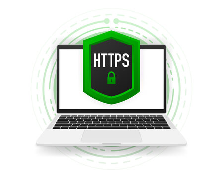 HTTPS and HTTP protocols, safe web surfing and data encryption. Computer banner Vector illustration.