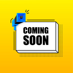 Coming Soon banner template. Marketing flyer with megaphone. Isometric and pixel style. Template for retail promotion and announcement. Vector illustration.