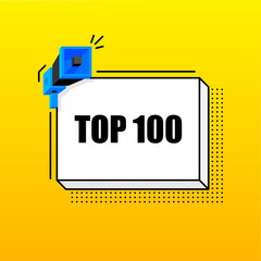 TOP 100 banner template. Marketing flyer with megaphone. Isometric and pixel style. Template for retail promotion and announcement. Vector illustration.