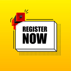 Register Now banner template. Marketing flyer with megaphone. Isometric and pixel style. Template for retail promotion and announcement. Vector illustration.