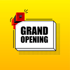 Grand Opening banner template. Marketing flyer with megaphone. Isometric and pixel style. Template for retail promotion and announcement. Vector illustration.