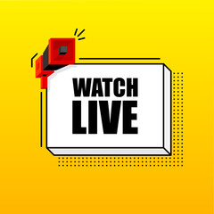 Naklejka premium Watch Live banner template. Marketing flyer with megaphone. Isometric and pixel style. Template for retail promotion and announcement. Vector illustration.