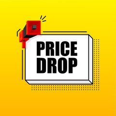 Naklejka premium Price Drop banner template. Marketing flyer with megaphone. Isometric and pixel style. Template for retail promotion and announcement. Vector illustration.