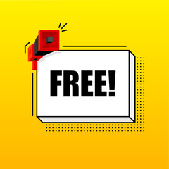 Free banner template. Marketing flyer with megaphone. Isometric and pixel style. Template for retail promotion and announcement. Vector illustration.