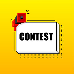 Contest banner template. Marketing flyer with megaphone. Isometric and pixel style. Template for retail promotion and announcement. Vector illustration.