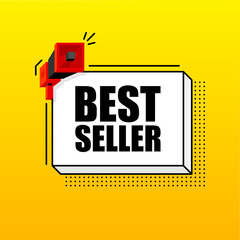 Best Seller banner template. Marketing flyer with megaphone. Isometric and pixel style. Template for retail promotion and announcement. Vector illustration.