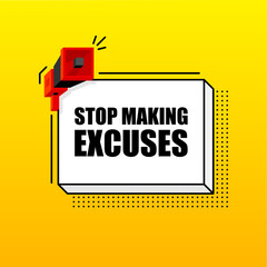 Stop Making Excuses banner template. Marketing flyer with megaphone. Isometric and pixel style. Template for retail promotion and announcement. Vector illustration.