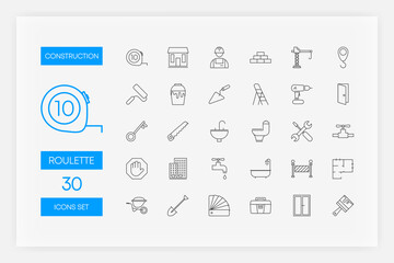 Set of blue color line icons of Construction isolated on white background. Vector illustration.