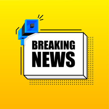 Breaking News banner template. Marketing flyer with megaphone. Isometric and pixel style. Template for retail promotion and announcement. Vector illustration.