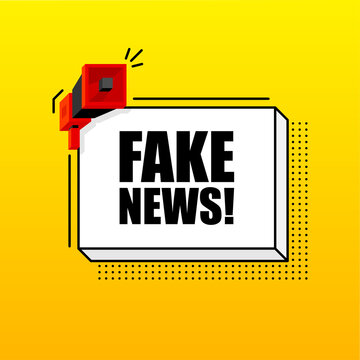 Fake News banner template. Marketing flyer with megaphone. Isometric and pixel style. Template for retail promotion and announcement. Vector illustration.