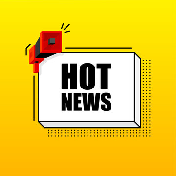 Hot News banner template. Marketing flyer with megaphone. Isometric and pixel style. Template for retail promotion and announcement. Vector illustration.