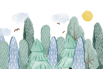 Watercolor green forest, clouds and sun. Hand drawn illustration. © bilaaa