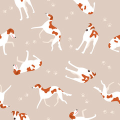 Seamless pattern with Russian Greyhound or Borzoi dog breed. Fabric design with cartoon dogs. Vector illustration of a pet flat