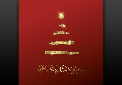 Minimalist Modern Red and Golden Christmas Card with Tree
