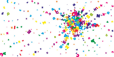 Falling letters of English language. Bright flying words of Latin alphabet. Foreign languages study concept. Superb back to school banner on white background.