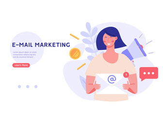 Woman shouting in megaphone. Business character announcing with loudspeaker. Direct marketing. Concept of promotion, e-mail marketing, pr, email campaign. Vector illustration in flat for web banners