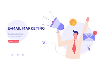 Man shouting in megaphone. Business character announcing with loudspeaker. Direct marketing. Concept of promotion, e-mail marketing, pr, email campaign. Vector illustration in flat for web banners