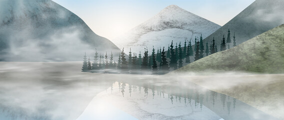 Aquarel kunst achtergrond met bergen, bos en meer in mist in blauwe tinten. Liggende banner voor interieurdecoratie, print, decor