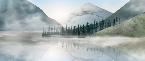  Aquarel kunst achtergrond met bergen, bos en meer in mist in blauwe tinten. Liggende banner voor interieurdecoratie, print, decor © VectorART