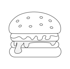 Black and white vector illustration of hamburger containing meat and vegetables for coloring book and doodle