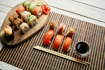 sushi set soy sauce chopsticks japanese cuisine traditional food