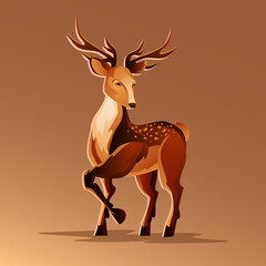Single reindeer vector illustration. Horned hoofed animal with light spots and branched bony antlers on brown background.