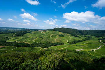 Panoramic view on green hilly vineyards near wine village Chateau-Chalon in Jura, France