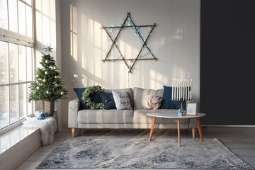 Interior of room decorated for Hanukkah celebration