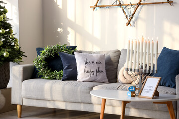 Interior of room decorated for Hanukkah celebration