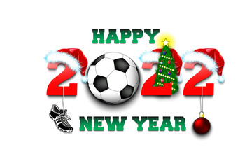 Happy new year. 2022 with soccer ball. Numbers in Christmas hats with football boot and Christmas tree ball. Original template design for greeting card. Vector illustration on isolated background