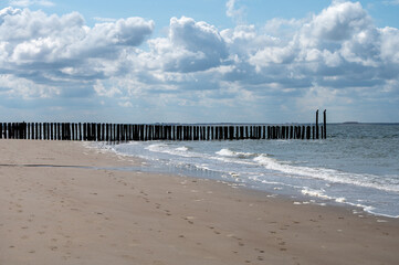 View on wooden poles at white sandy North sea beach near Zoutelande, Zeeland, Netherlands