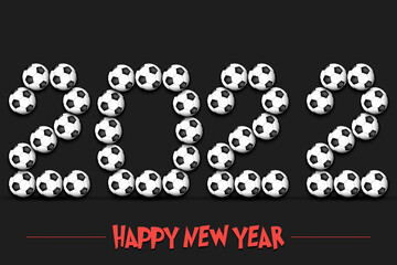 Happy new year. Numbers 2022 made from soccer balls. Design pattern for greeting card, banner, poster. Vector illustration on isolated background