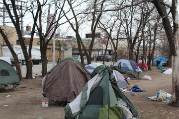 Fototapeta premium Homeless person tent city on Chicago's Near West Side
