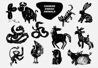 Vector chinese animals zodiac, china calendar signs set, astrological oriental zodiacal symbols. Black on white background chinese horoscope.