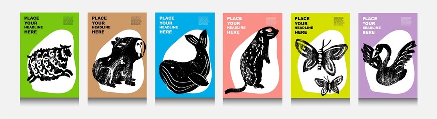 Abstract wild and domesticated  animals: ram, capybara, whale, gopher, butterfly, swan. Set of contemporary asian art print templates. Ink animals with place for text and geometrical shapes