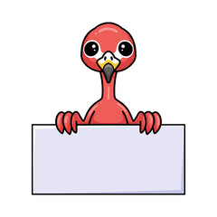 Cute little pink flamingo cartoon with blank sign