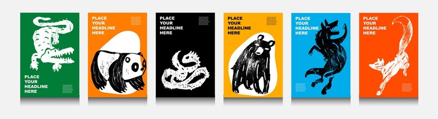 Abstract wild and domesticated  animals: crocodile, panda, dragon, bear, wolf, fox. Set of contemporary asian art print templates. Ink animals with place for text and geometrical shapes